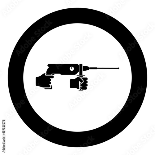 Electric rotary hammer drill in hand holding tool use Arm using Power tool icon in circle round black color vector illustration solid outline style image