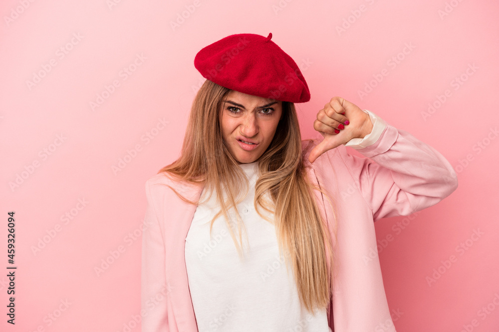Young Russian woman isolated on pink background having a liver pain, stomach ache. Young Russian woman isolated on pink background having a liver pain, stomach ache.