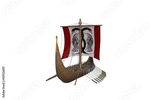 Viking war longboat with sails and packs isolated on the white background. 3D rendering illustration.