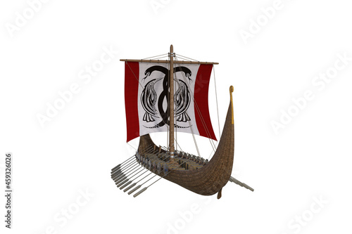 Viking war longboat with sails and packs isolated on the white background. 3D rendering illustration.