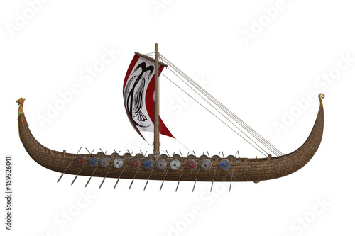 Viking war longboat with sails and packs isolated on the white background. 3D rendering illustration.