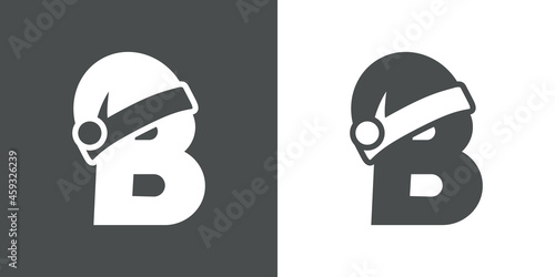 Logotipo con letra inicial B con silueta de gorro de Papá Noel en fondo gris y fondo blanco