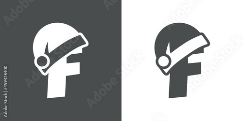 Logotipo con letra inicial F con silueta de gorro de Papá Noel en fondo gris y fondo blanco