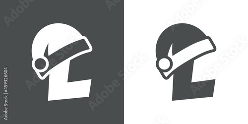 Logotipo con letra inicial L con silueta de gorro de Papá Noel en fondo gris y fondo blanco