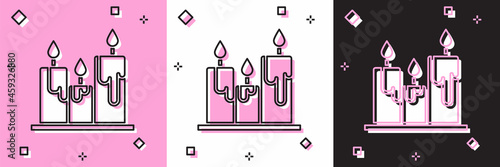 Set Burning candles icon isolated on pink and white, black background. Cylindrical candle stick with burning flame. Vector Illustration