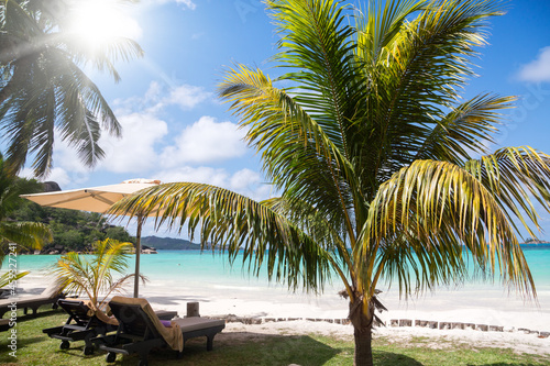 The sun loungers under parasols on solaceon the beach.