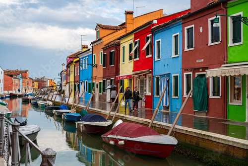 Spring, daytime ,Italy, Burano, colourful houses, boats, canal, water reflection