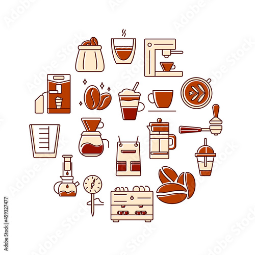 Barista and coffee accessories circle layout with flat icons. Color filled symbols collection. Vector illustration