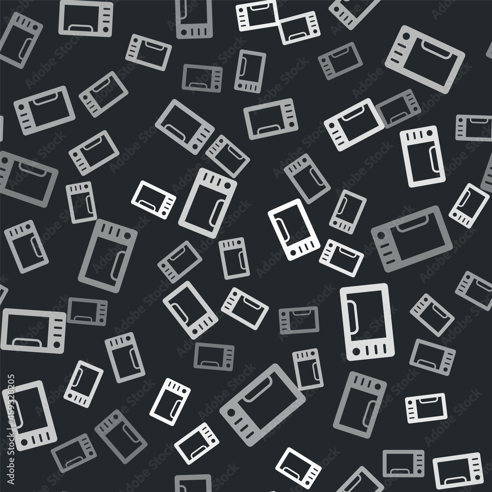 Grey Microwave oven icon isolated seamless pattern on black background. Home appliances icon. Vector