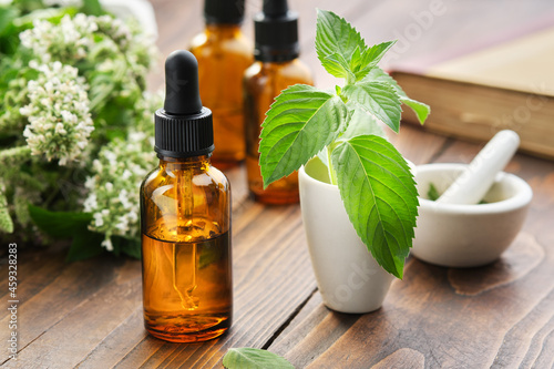 Dropper bottles of mint essential oil, tincture or infusion, mortars of peppermint leaves, blossom spearmint plants and book on background. photo