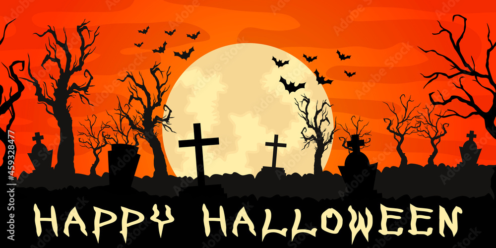 Orange sky and big moon landscape. Vector Halloween card. Happy Halloween night cemetery graves with bats.