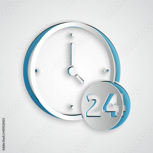 Paper cut Clock 24 hours icon isolated on grey background. All day cyclic icon. 24 hours service symbol. Paper art style. Vector