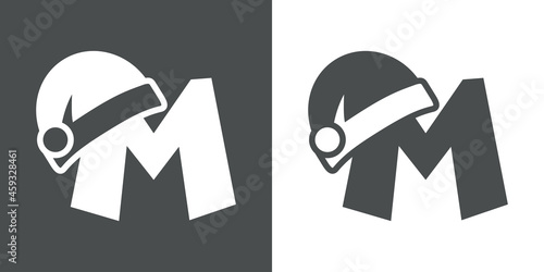Logotipo con letra inicial M con silueta de gorro de Papá Noel en fondo gris y fondo blanco