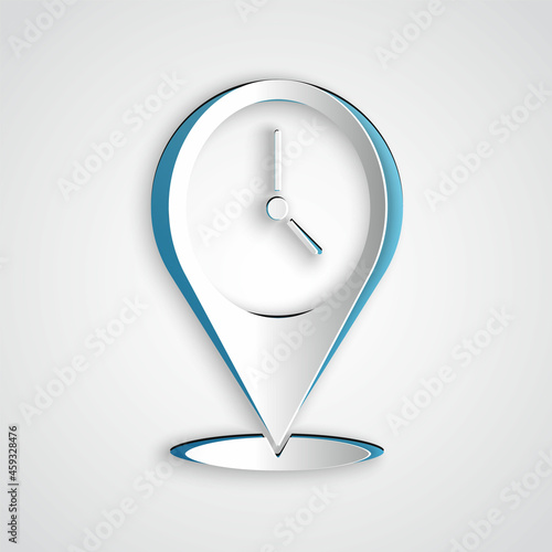 Paper cut Location with clock icon isolated on grey background. Paper art style. Vector