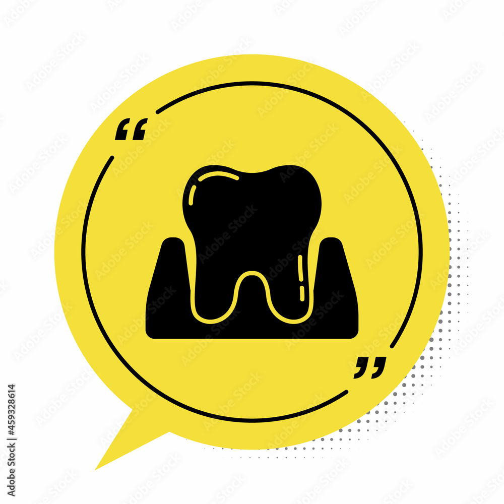 Black Tooth icon isolated on white background. Tooth symbol for dentistry clinic or dentist medical center and toothpaste package. Yellow speech bubble symbol. Vector Black Tooth icon isolated on white background. Tooth symbol for dentistry clinic or dentist medical center and toothpaste package. Yellow speech bubble symbol. Vector