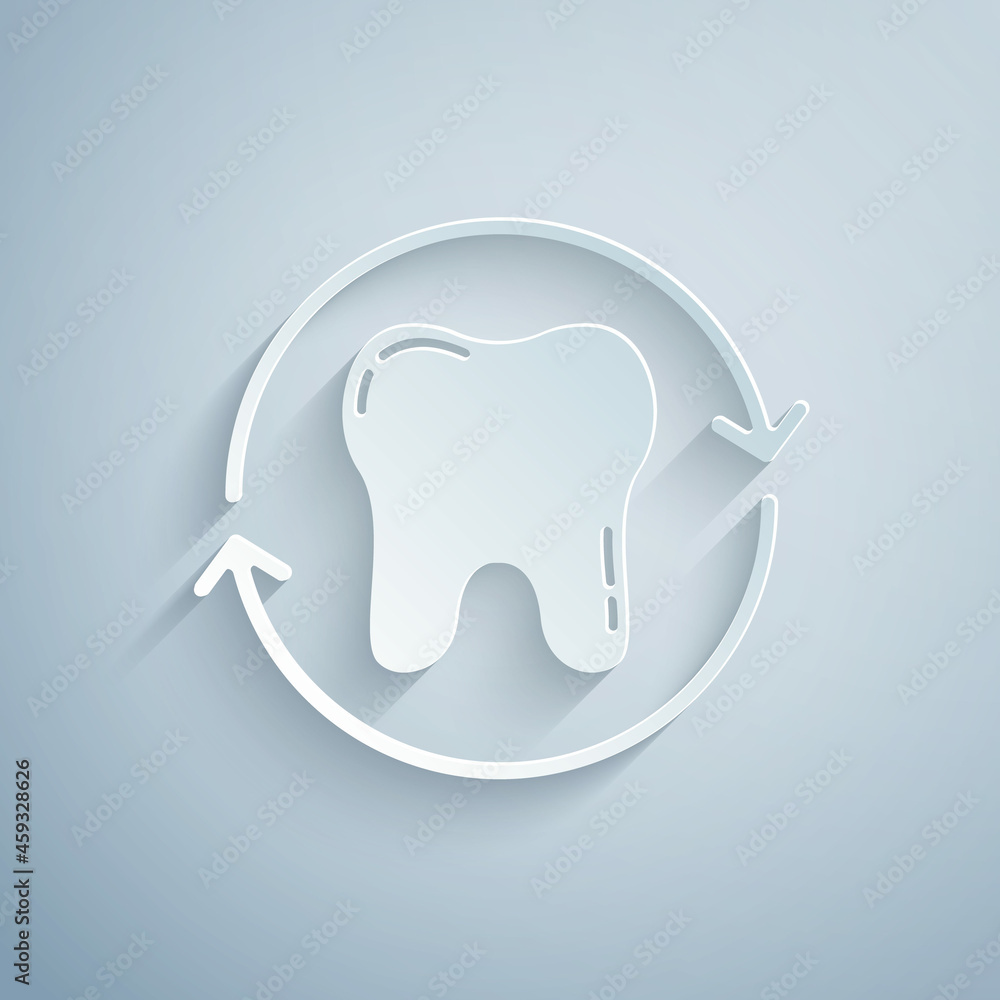 Paper cut Tooth whitening concept icon isolated on grey background. Tooth symbol for dentistry clinic or dentist medical center. Paper art style. Vector Paper cut Tooth whitening concept icon isolated on grey background. Tooth symbol for dentistry clinic or dentist medical center. Paper art style. Vector