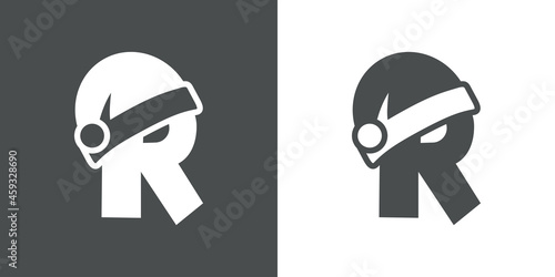 Logotipo con letra inicial R con silueta de gorro de Papá Noel en fondo gris y fondo blanco