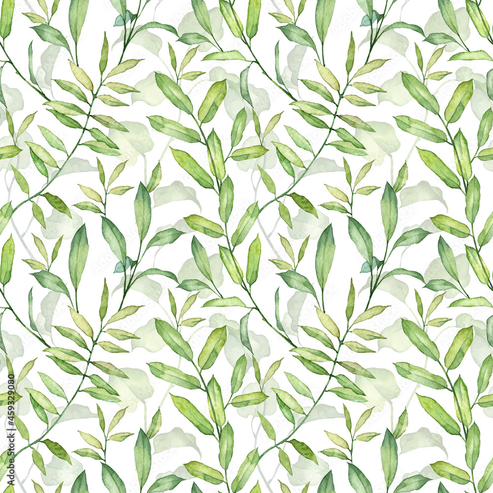 Obraz Square seamless pattern with watercolor botanical green leaves. Hand painted twigs and branches on white background. Wrapping paper template
