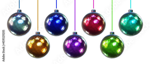 Realistic 3D illustration of the hanging colorful metallic paint Christmas balls isolated on white