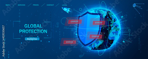 Global data protection concept.  Cyber security, shield lock in futuristic style. Concept of internet privacy or cyber protection on the background of the world. Vector illustration