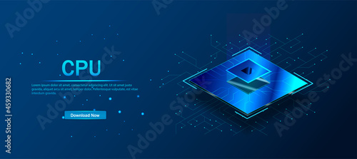 CPU. Futuristic processor on microchips. A quantum computer that processes large amounts of data, a database concept. Isometric banner of the processor, transmission and calculation of network data.