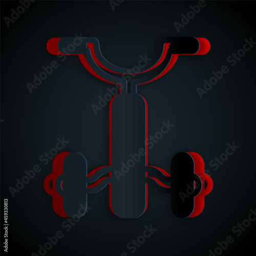 Paper cut Bicycle for kids icon isolated on black background. Paper art style. Vector