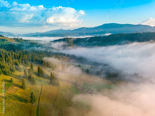 A thin morning fog covers the Ukrainian mountains. Green grass on the slopes of the mountains. A curly thin fog spreads over the mountains. Aerial drone view.