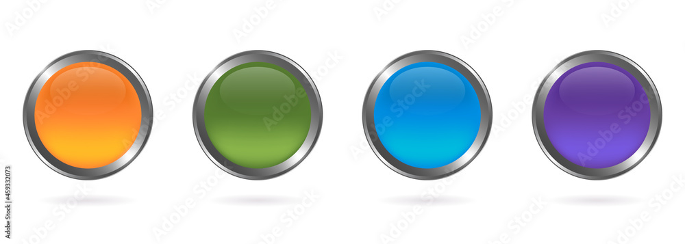 Set of Glass Colorful Round Button with Silver Frame on White Background. Mockup Collection of Blue, Green, Orange, Violet Realistic Buttons with Metal Border and Shadow. Isolated Vector Illustration Set of Glass Colorful Round Button with Silver Frame on White Background. Mockup Collection of Blue, Green, Orange, Violet Realistic Buttons with Metal Border and Shadow. Isolated Vector Illustration