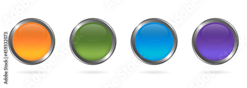 Free Download Set of Glass Colorful Round Button with Silver Frame on White Background. Mockup Collection of Blue, Green, Orange, Violet Realistic Buttons with Metal Border and Shadow. Isolated Vector Illustration - GFXLoad
