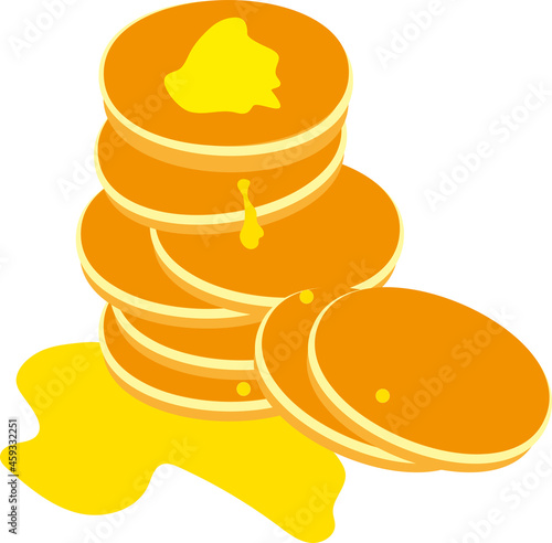 Print  Hand-made illustration  dreakfast, red hot pancakes  with honey  on white background. Delicious food for  quests.