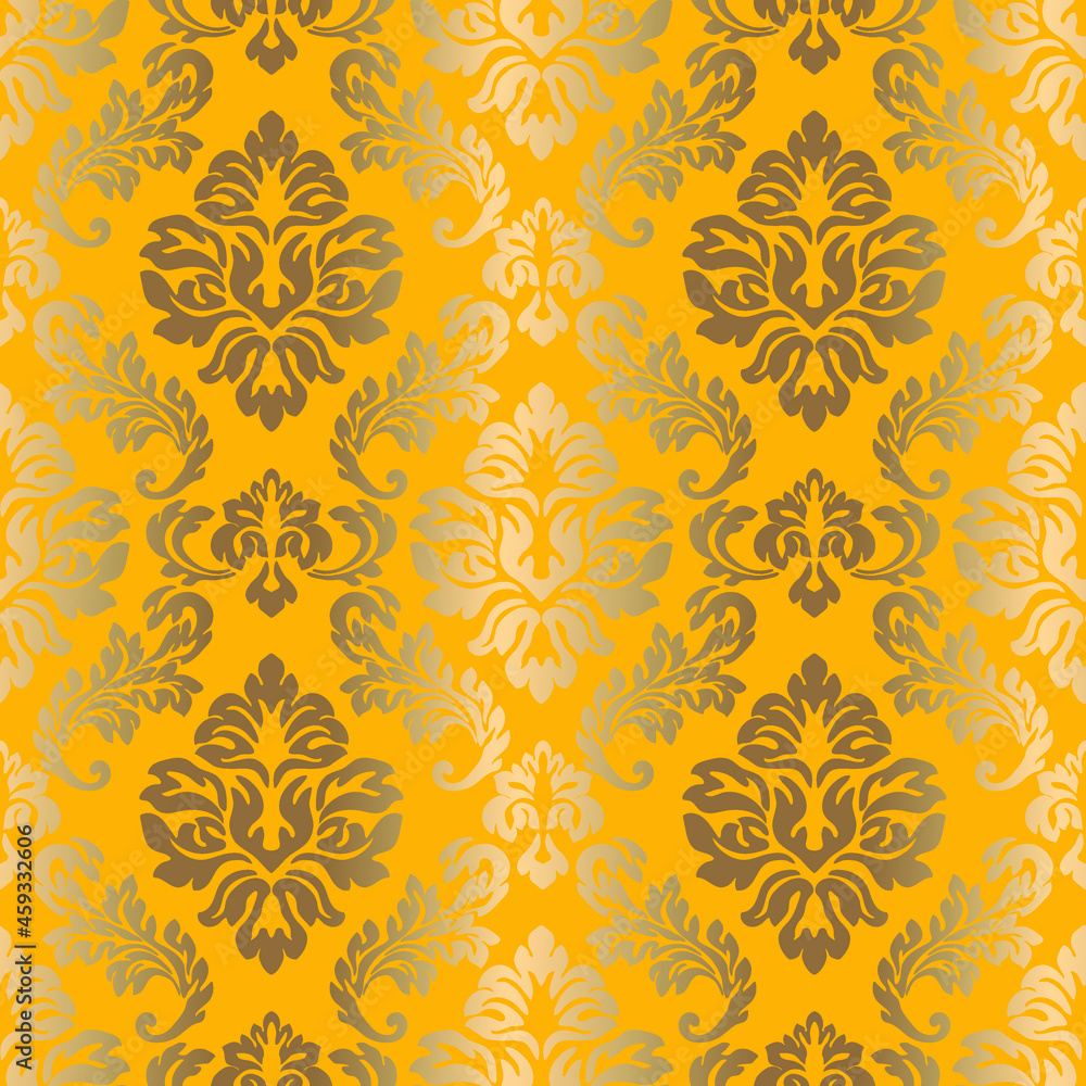 Damask seamless gold pattern on a yellow background. Floral print, fabric in vector, wallpaper 