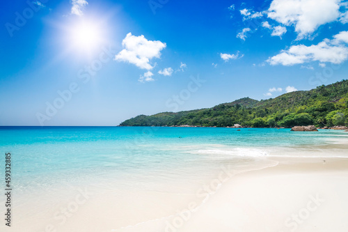 White coral beach sand and azure ocean. Seychelles islands. © Igor Chaikovskiy