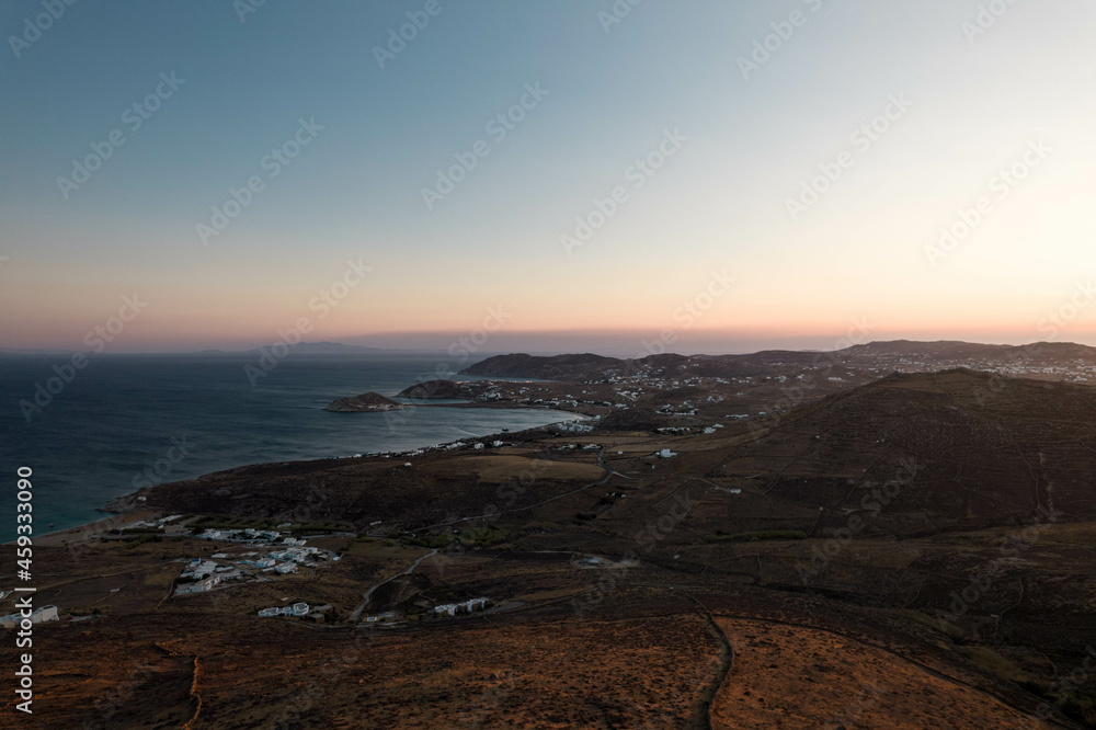 Aerial Drone View of Mykonos Landscape of the Coast at Sunset