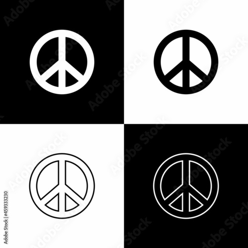 Set Peace icon isolated on black and white background. Hippie symbol of peace. Vector