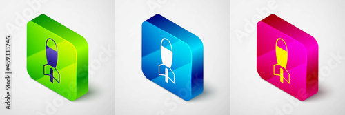 Isometric Rocket launcher with missile icon isolated on grey background. Square button. Vector