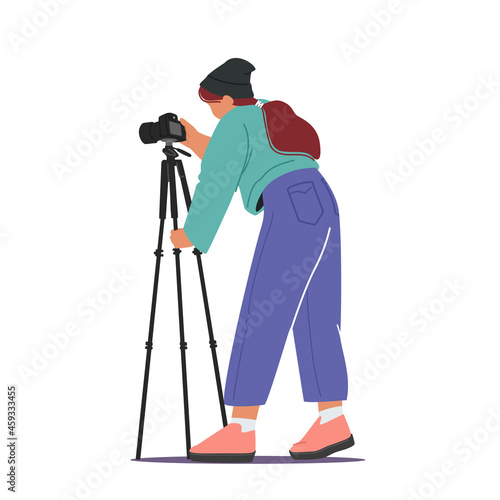 Professional Photography Concept. Female Photographer with Photo Camera on Tripod Making Pictures Isolated on White