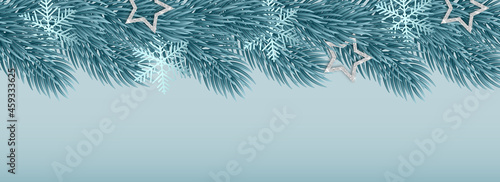 Beautiful elegant frosty christmas tree branches with metallic stars, snowflake and garland lights. Place for text. High quality illustration. Vector illustration