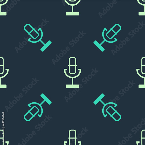 Green and beige Microphone icon isolated seamless pattern on blue background. On air radio mic microphone. Speaker sign. Vector