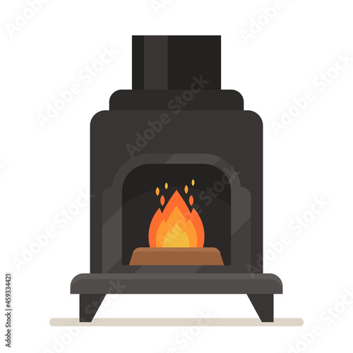 Metal Fireplace With Burning Fire. Iron Black Stove with Chimney Isolated on White Background, Indoors Modern System