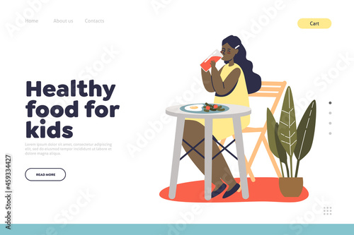 Healthy food for kids concept of landing page with preschool girl eating eggs and vegetables