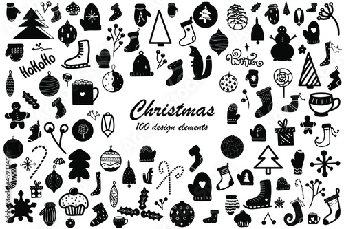 Christmas hand drawn 100 design elements set vector illustration. Winter sketch collection stocking holly mistletoe gingerbread mitten candy cane pine New Year cone gift plant cup snowflake snowman.