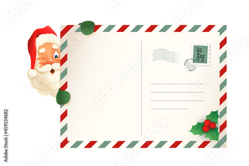 Cute Santa Claus peeking on left side of postcard  - Christmas vintage vector illustration template