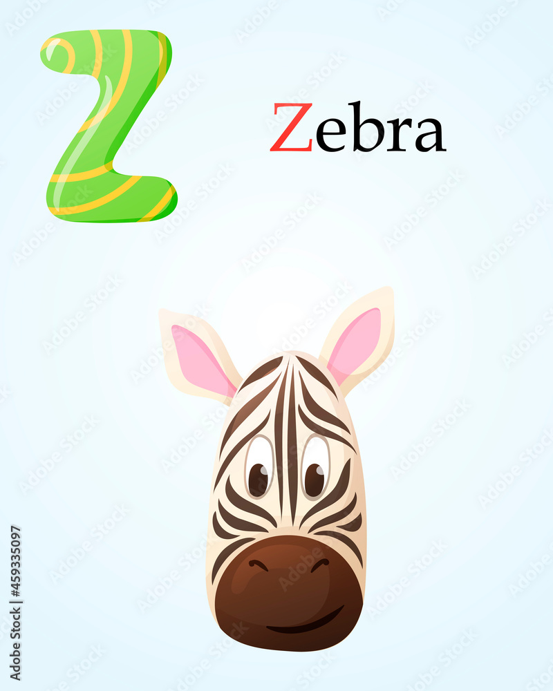 Kids banner with english alphabet letter Z and cartoon image of striped zebra head