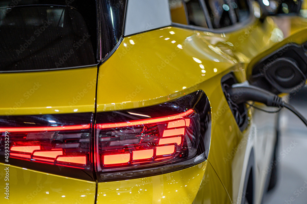 rear LED lights closeup of nev VW ID4 electric SUV, model 2021, stylish exterior design of new