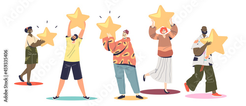 People holding rating stars. Happy users, consumers or customers giving positive feedback or review