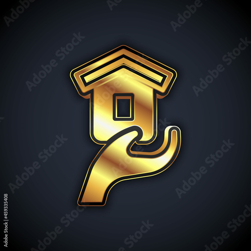 Gold Shelter for homeless icon isolated on black background. Emergency housing, temporary residence for people, bums and beggars without home. Vector
