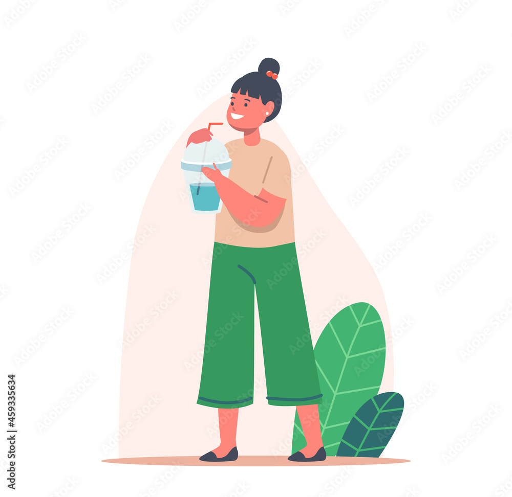 Kid Character with Cup and Straw Enjoying Fresh Drink, Little Girl Drinking Clean Water, Milk or Juice. Summer Beverage Kid Character with Cup and Straw Enjoying Fresh Drink, Little Girl Drinking Clean Water, Milk or Juice. Summer Beverage