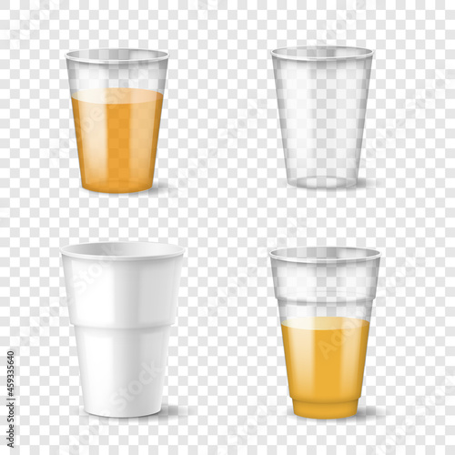 Filled and empty disposable plastic cup set. Realistic container for cold, hot drink templates