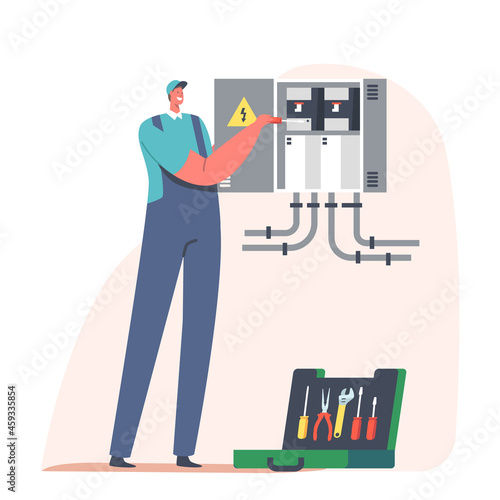 Home Repairment, Fire, Energy and Electrical Safety Concept. Handyman Electrician Character Examine Working Draft