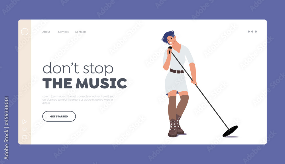 Singer Recreation Landing Page Template. Woman on Stage Holding Microphone Singing Song in Music Band or Night Club